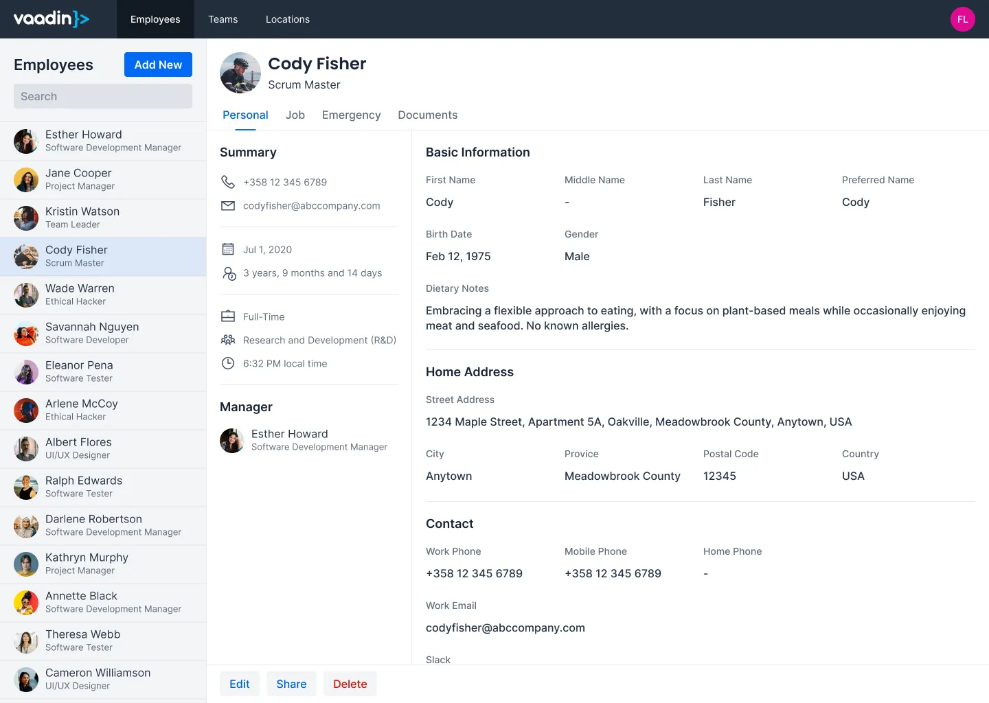 A mock-up of a master-detail view showing a list of employees on the left and details of the selected employee on the right